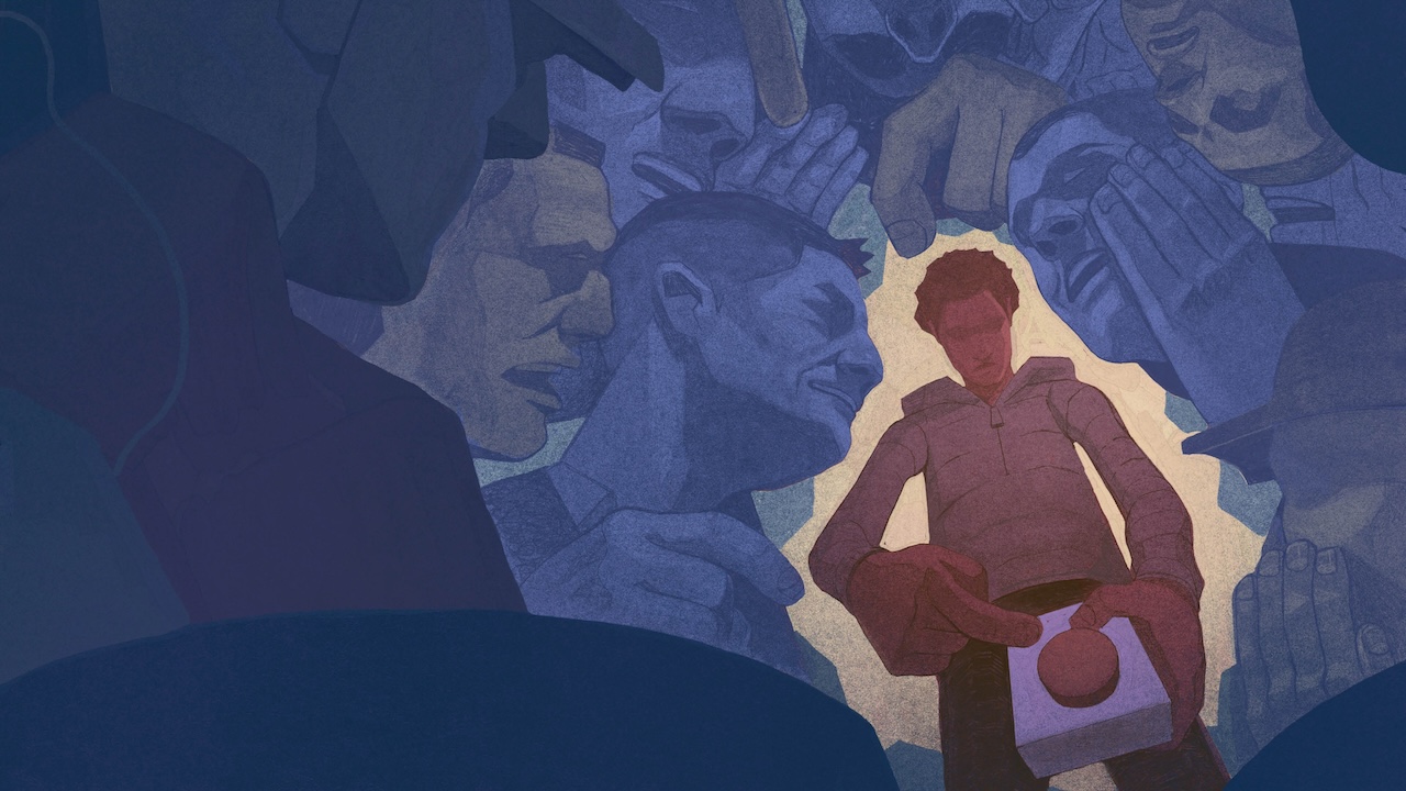 Illustration of a young man surrounded by imposing figures, whispering in his ears. The young man holds a device with a large button on it.