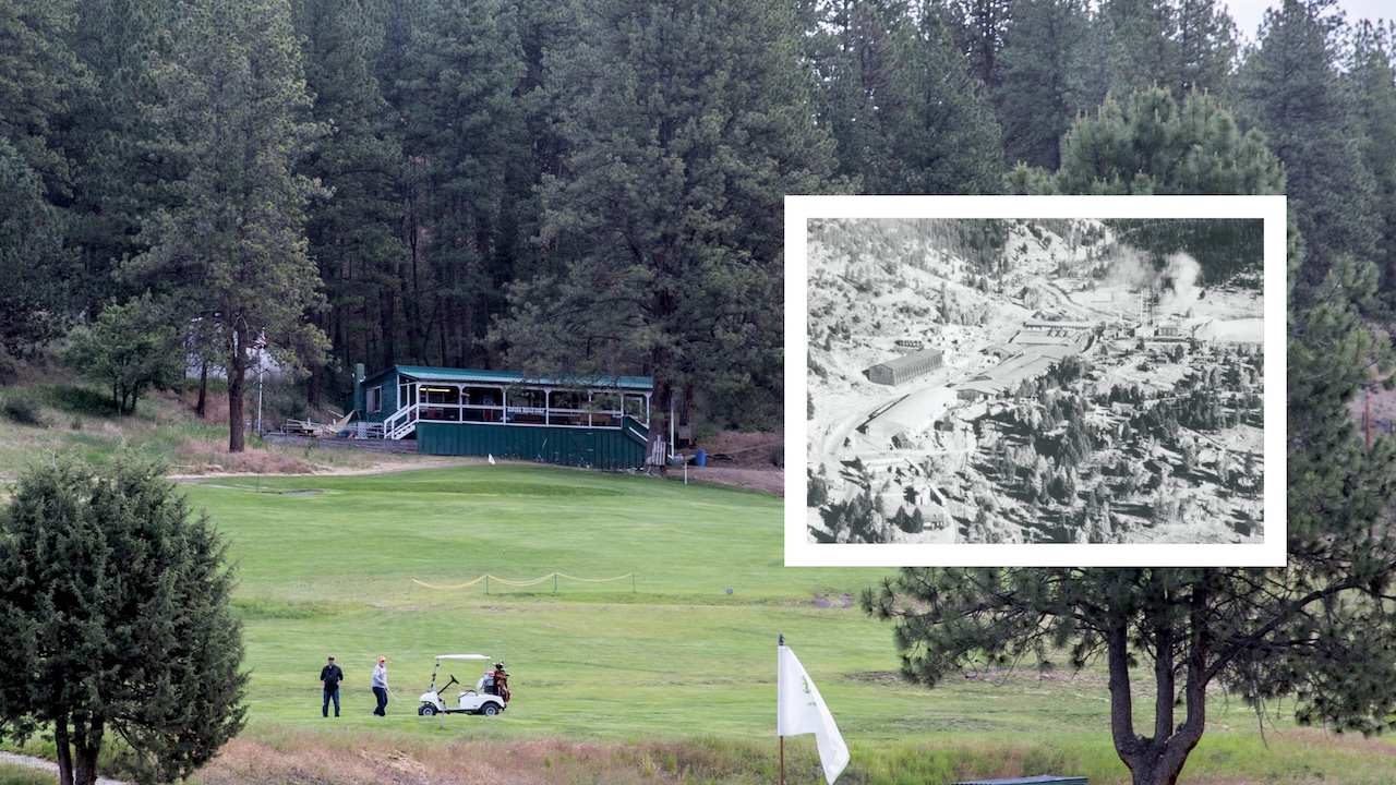 A photo of golfers at the Kinzua Hills Golf Club with the small clubhouse in the distance. Inset is a black-and-white aerial photo of the town of Kinzua, including warehouses and a steaming mill.