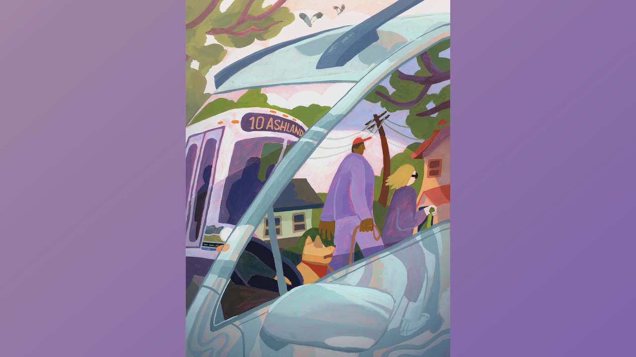 An illustration of a city bus and people walking dogs reflected in a car's windows