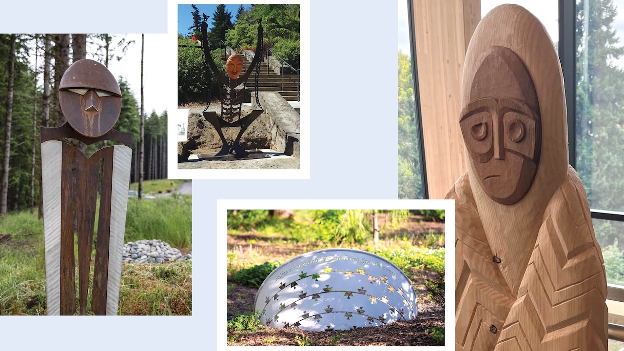 A collage of photos of outdoor sculptures in wood and metal