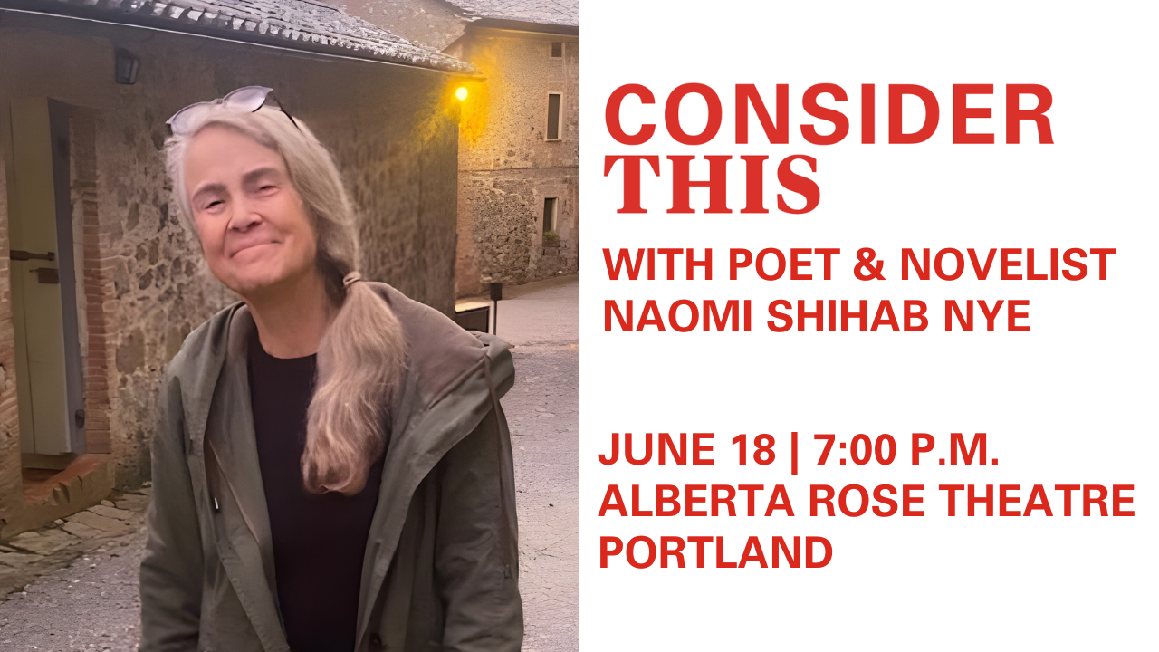 A photo of Naomi Shihab Nye standing on a street in an Italian village