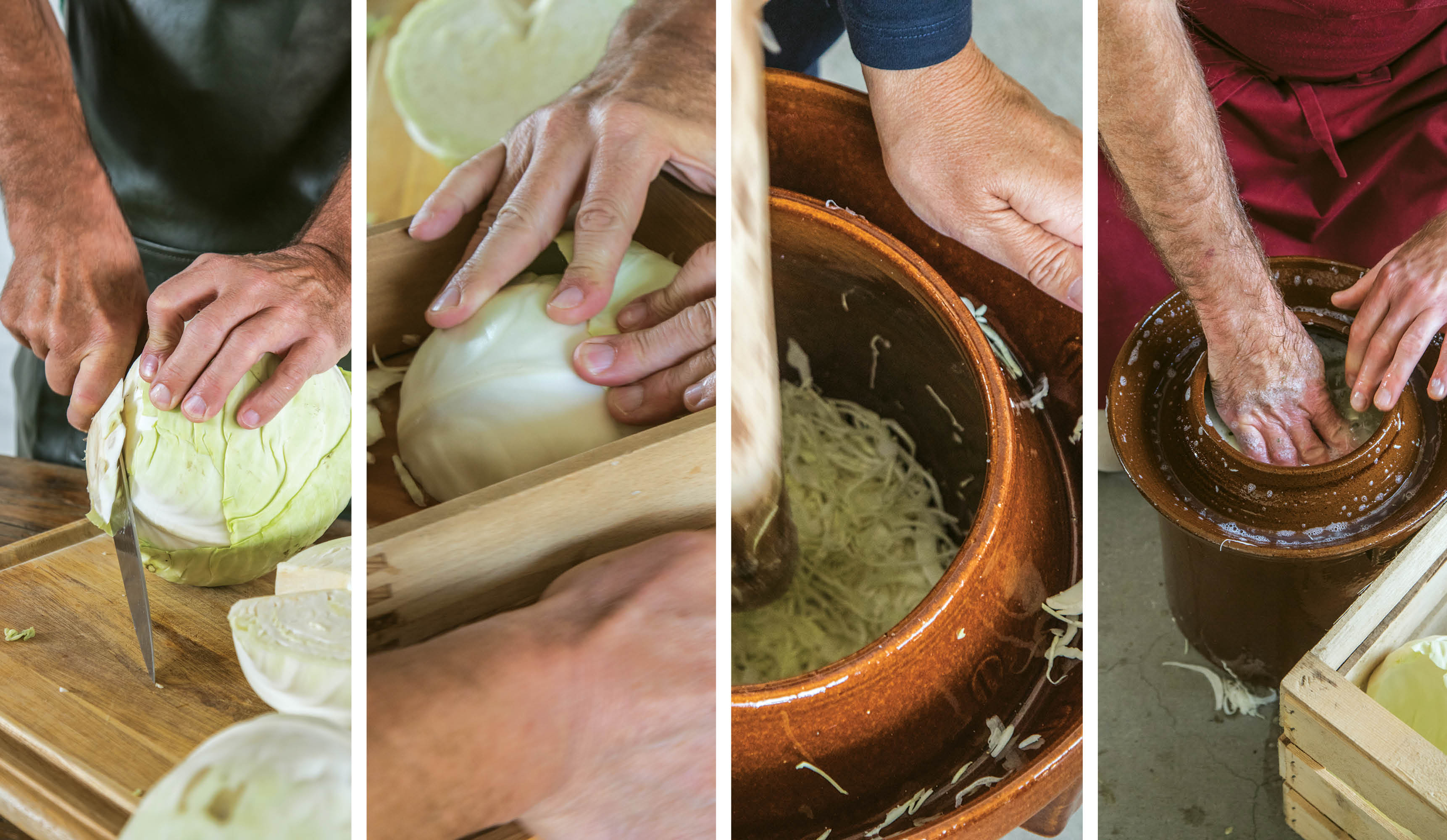 Four close-up photos illustrating the making of sauerkraut: slicing cabbage, crushing cabbage, and stirring with salt