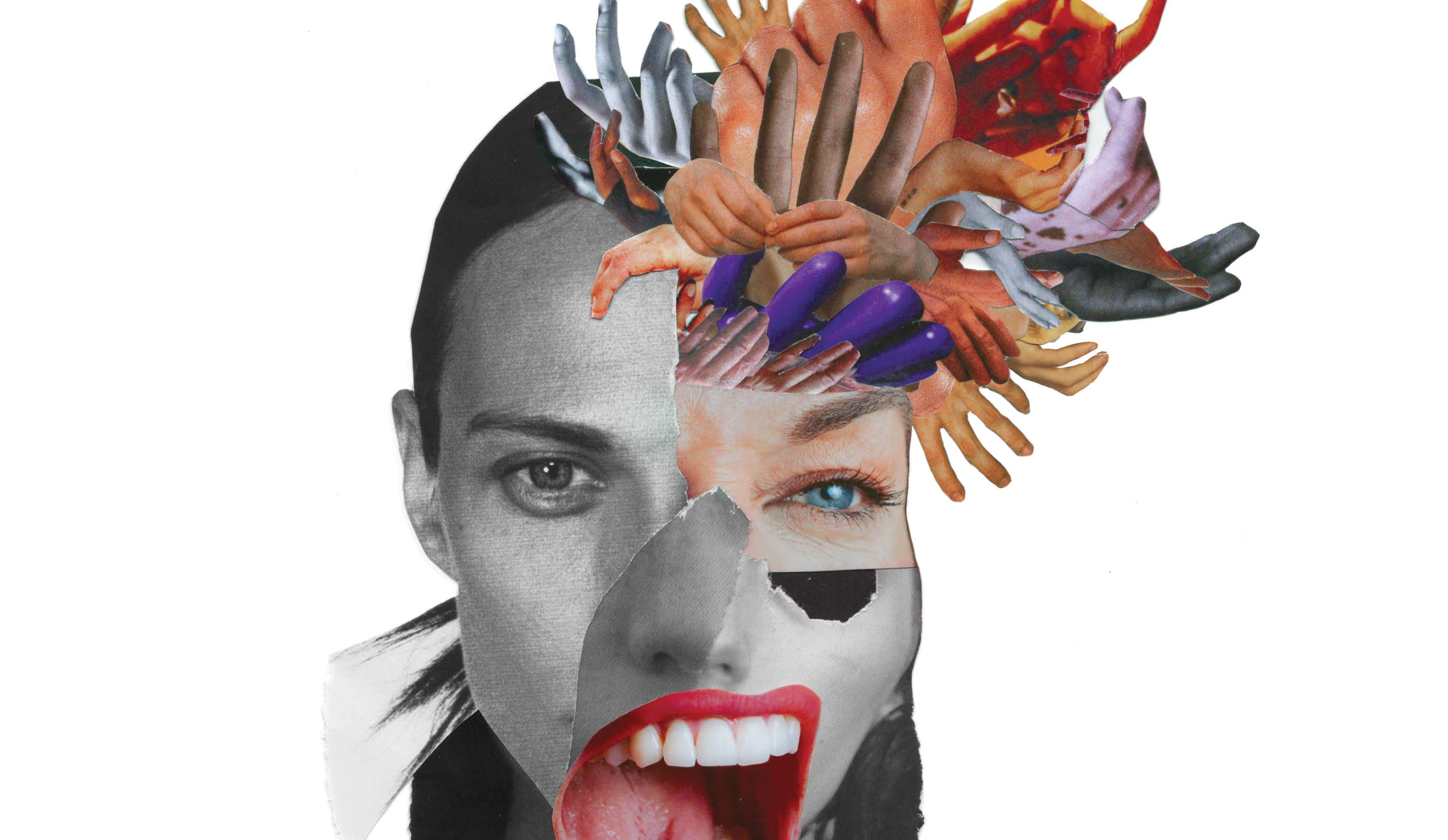 A collage of photos depicting a woman with her mouth open and many hands emerging from her head