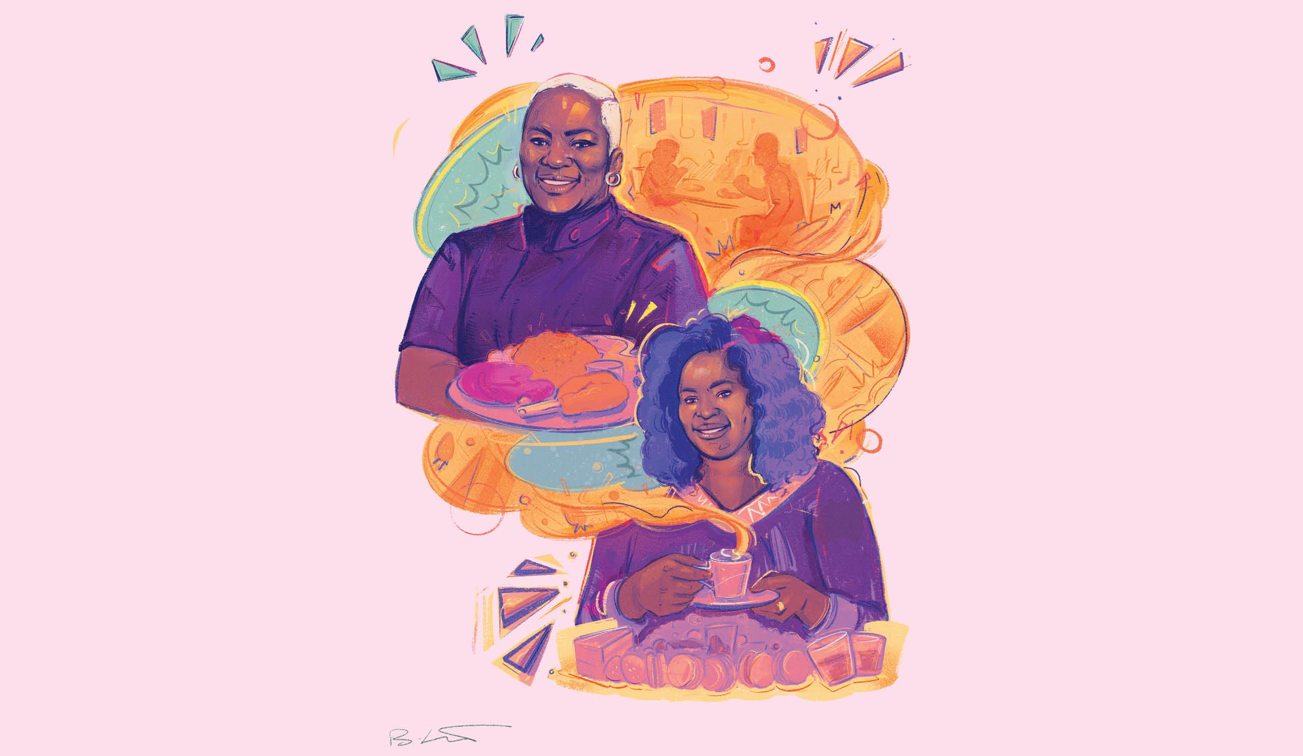 An illustration of two Black women, one holding a plate of food and the other holding a cup of tea