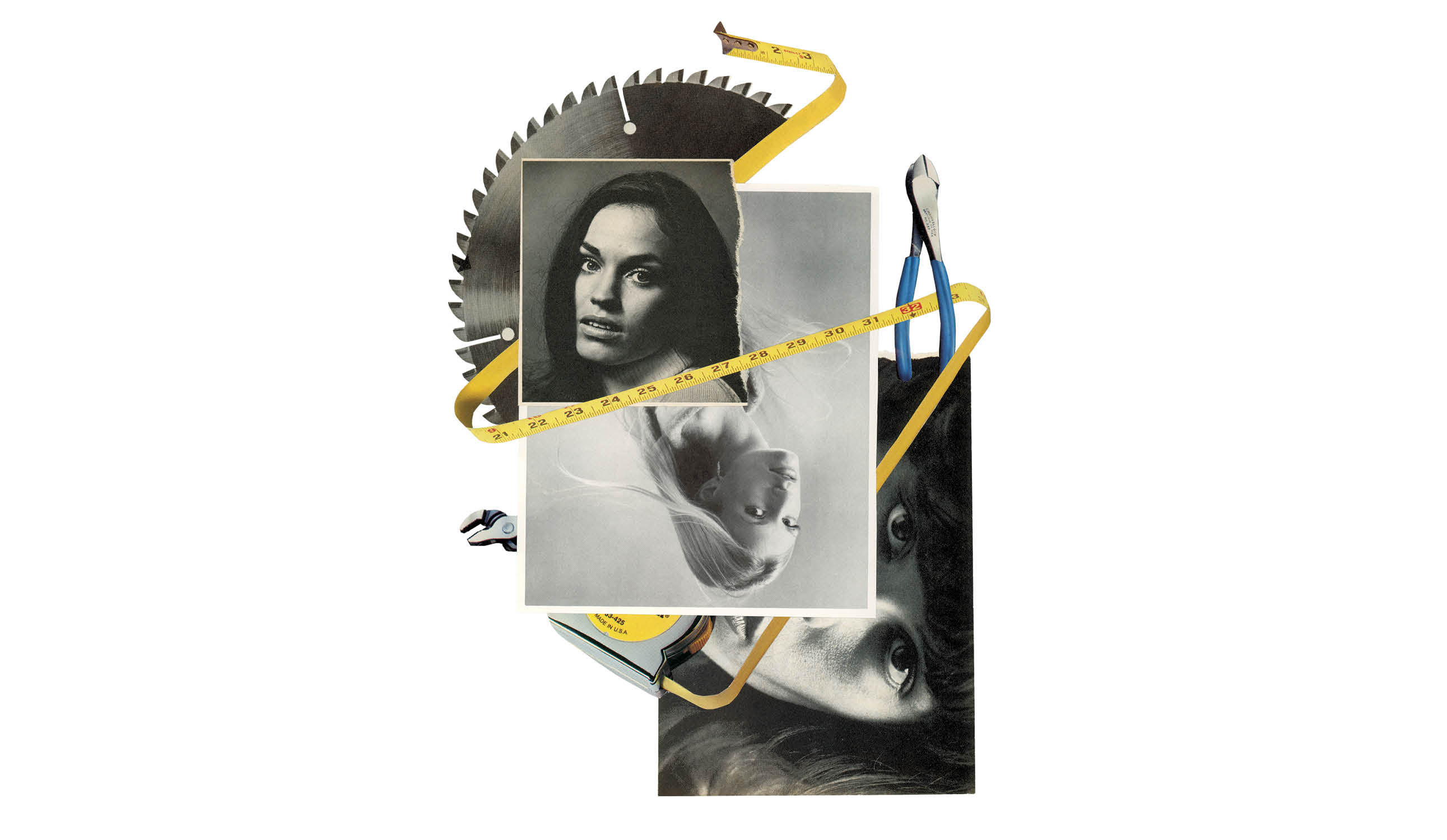 A collage of fashion photos of women in black-and-white interspersed with a tape measure, pliers, and a saw blade