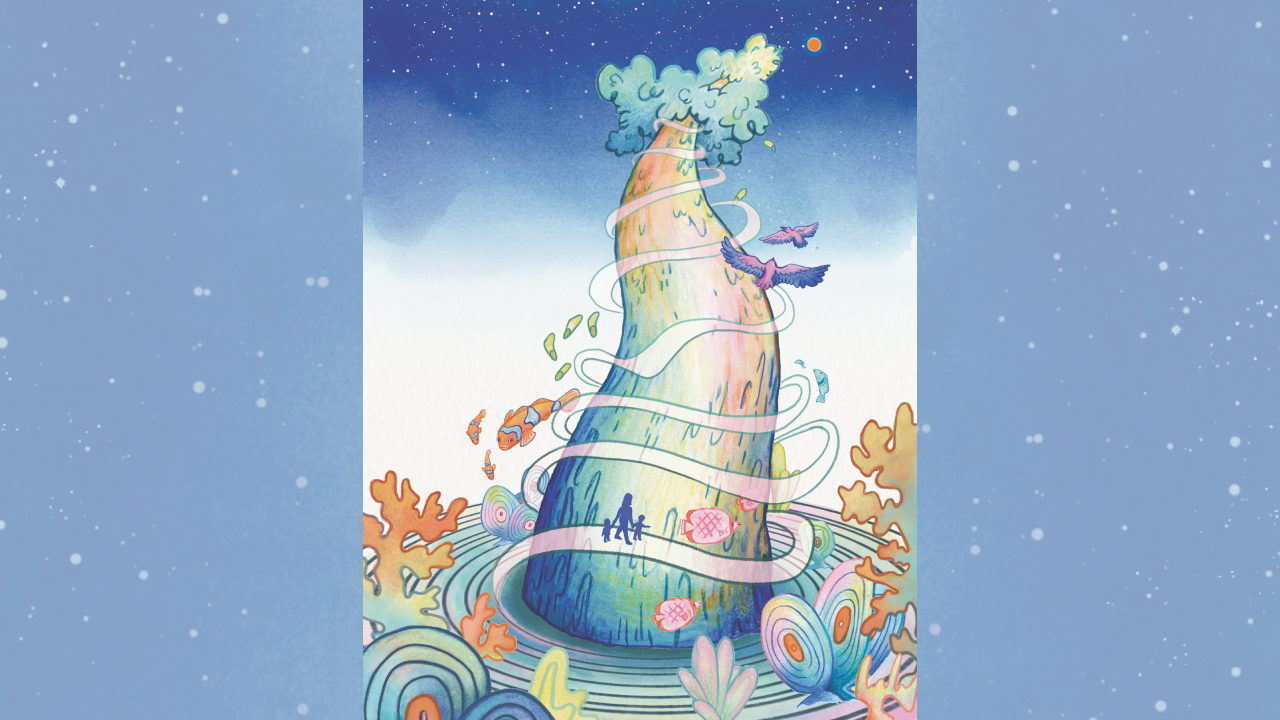 An illustration depicting an enormous tree growing toward a distant red planet. A pathway spirals up the tree, and an adult and two children are walking up the tree. Birds and fish fly through the air around them.