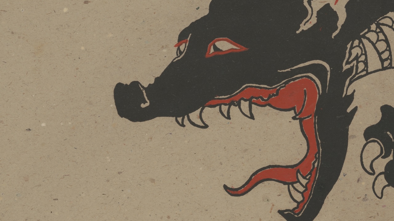 An illustration in black and red of a dragon with its mouth open wide.