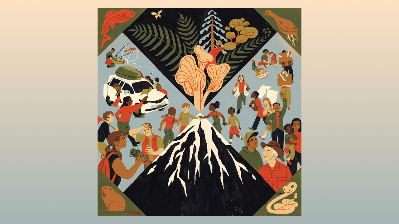 An illustration depicting Mt. Hood; native plants and animals including a beaver, a salmon, a rattlesnake, and a sage grouse; and dozens of people hiking, protesting, reading, carrying moving boxes, and conversing.