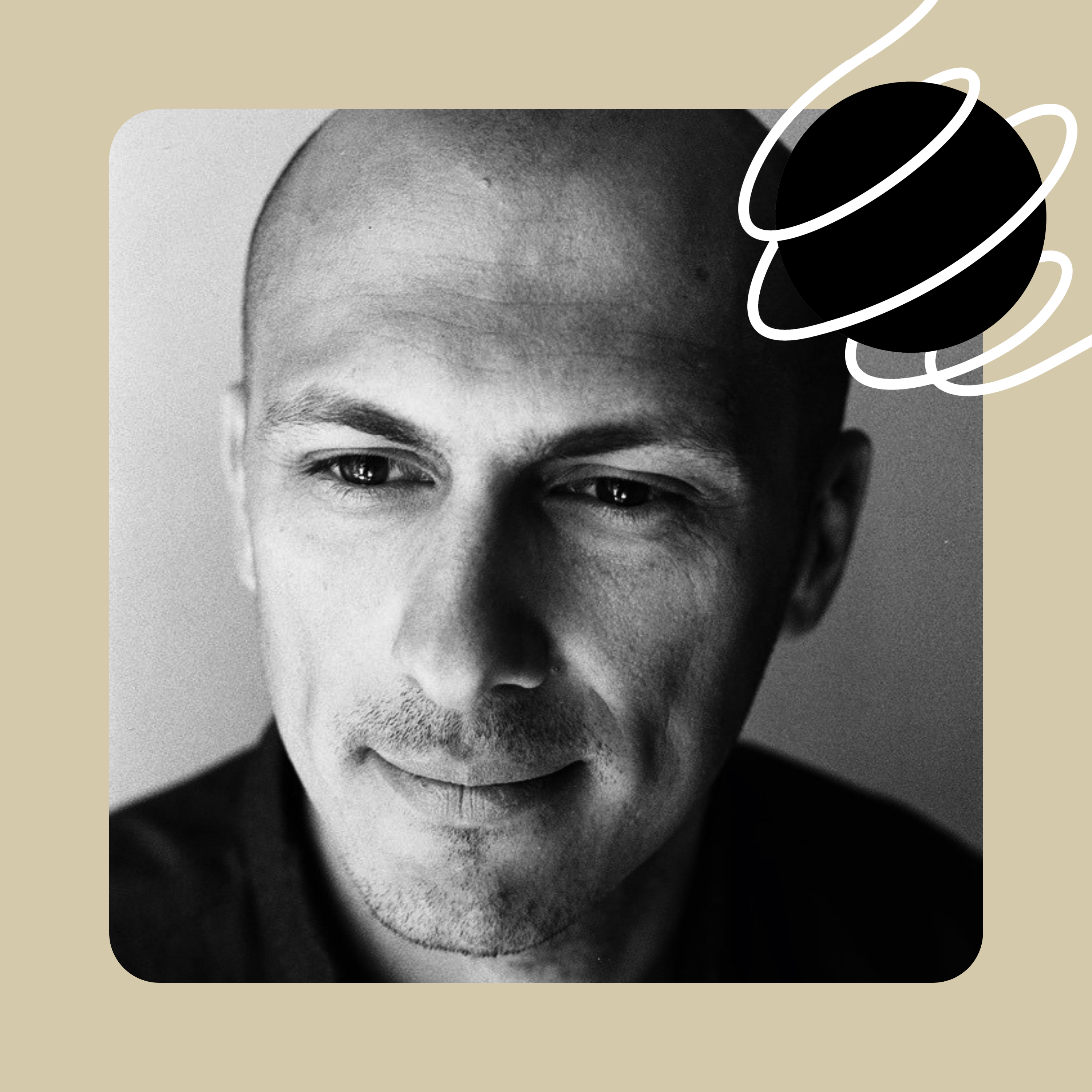 A black-and-white photo of Aleksandr Chernousov with the Detour logo in the upper right corner