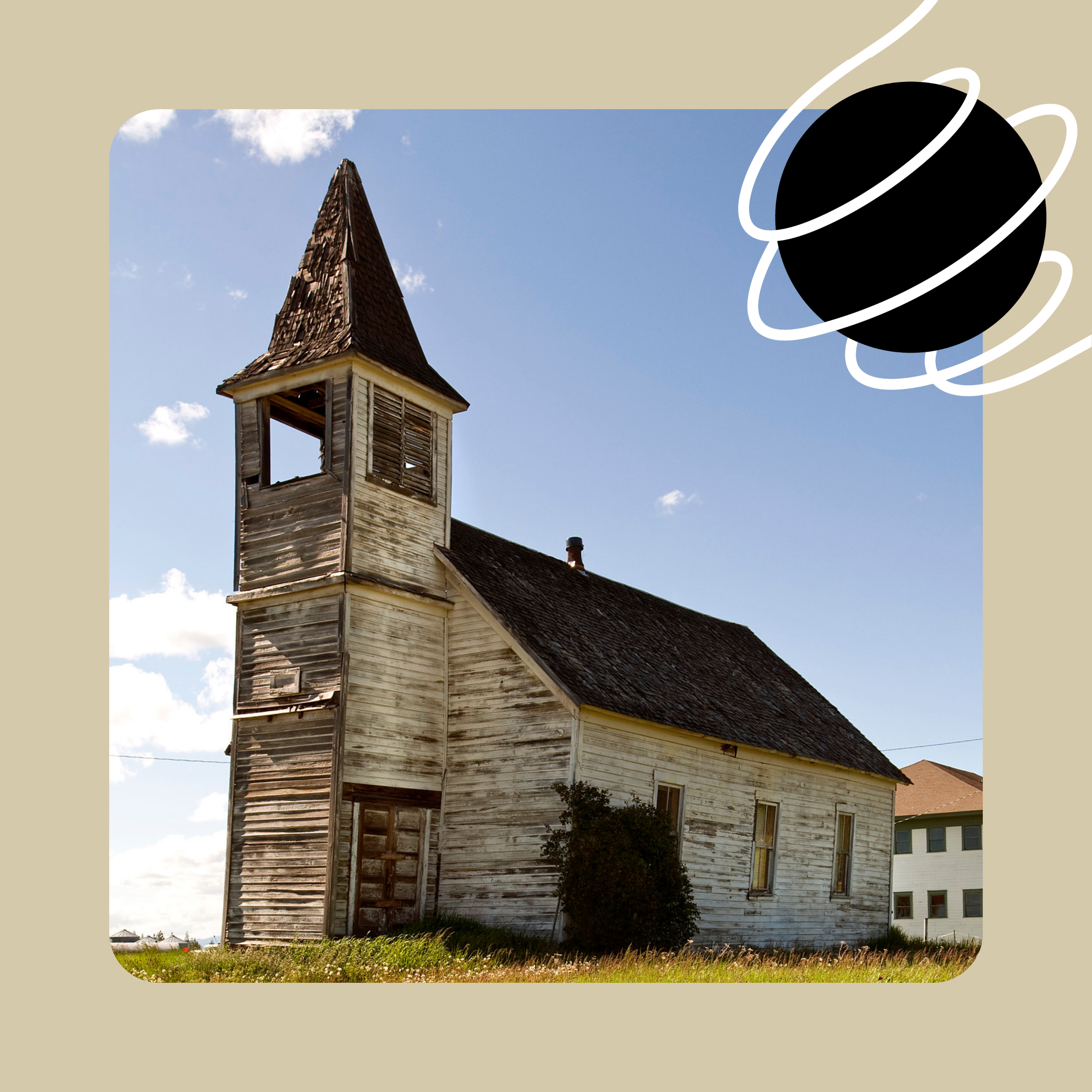 A photo of an abandoned wooden church with a noticeable lean to one side.